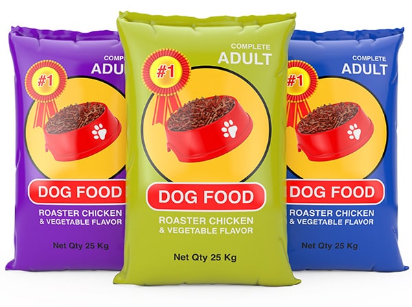 green, purple, and blue flexible dog food bags